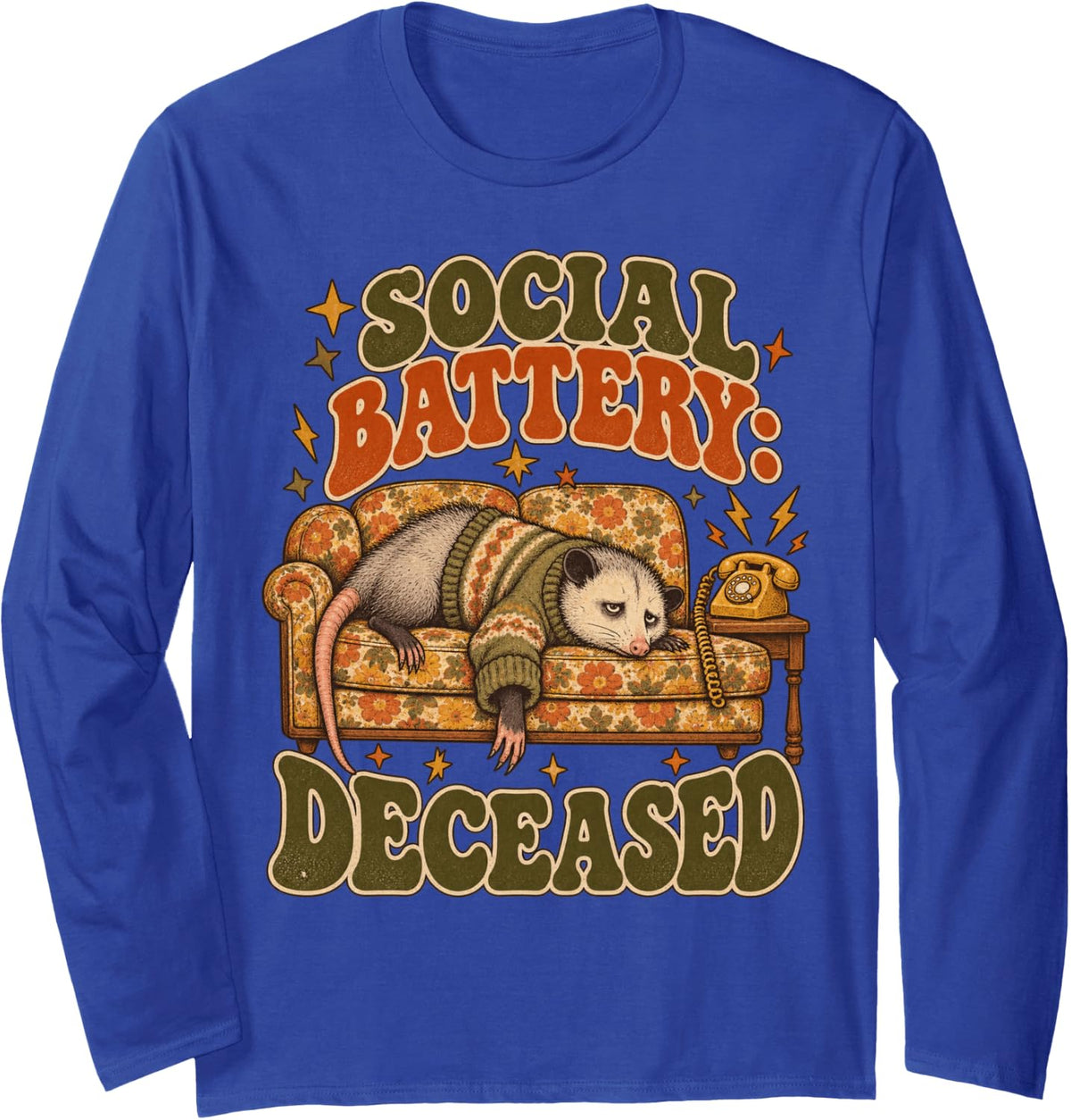 Opossum Social Battery Deceased Retro Art Long Sleeve T-Shirt - Adult Unisex Royal Blue