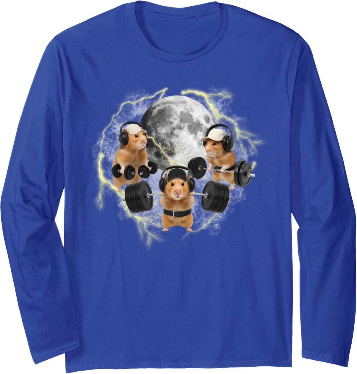 Funny Hamster Weightlifting Gym Workout Three Hamster Moon Long Sleeve T-Shirt - Adult Unisex Royal Blue