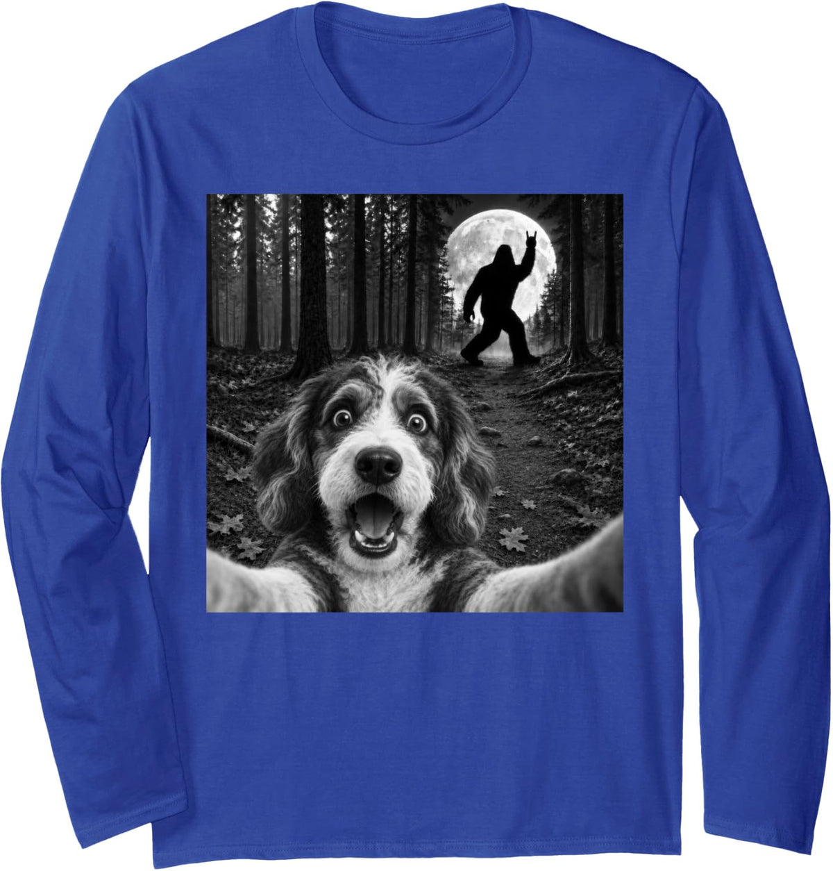 Aussiedoodle Selfie with Bigfoot Rock and Roll Dog Sasquatch Long Sleeve T-Shirt - Adult Unisex Royal Blue
