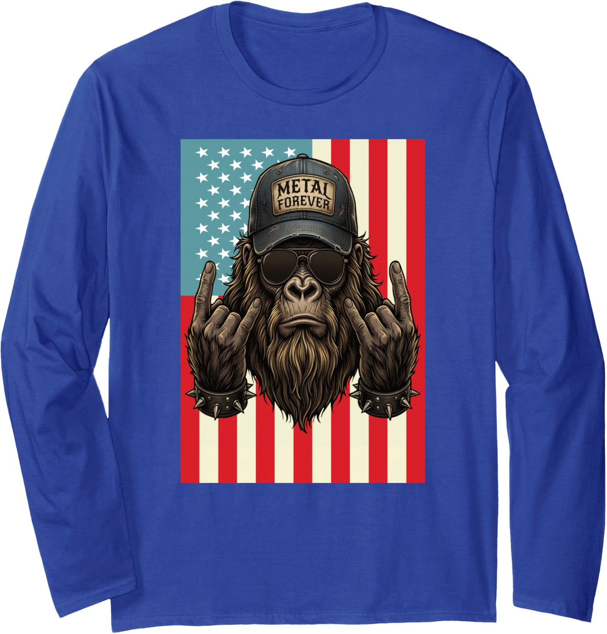 Bigfoot Rocks Sasquatch 4th of July American USA Flag Long Sleeve T-Shirt - Adult Unisex Royal Blue