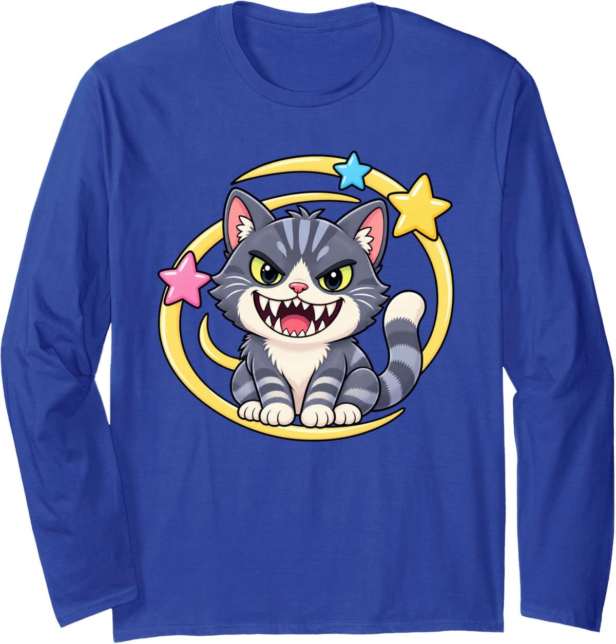 Cute Scary Gray Tabby Cat Stars Funny Kitty with Fangs Long Sleeve T-Shirt - Adult Unisex Royal Blue