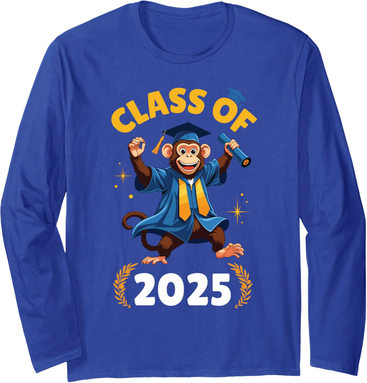 Monkey Senior Class of 2025 Graduation Day School College Long Sleeve T-Shirt - Adult Unisex Royal Blue