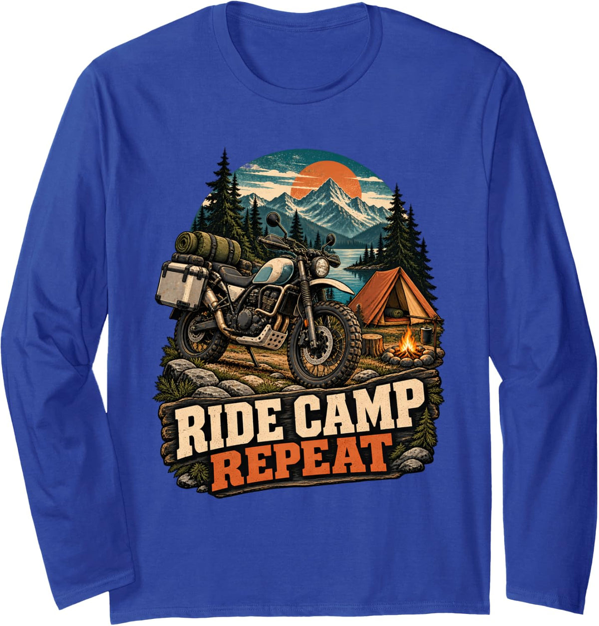 Ride Camp Repeat Adventure Motorcycle Moto Camper Long Sleeve T-Shirt - Adult Unisex Royal Blue