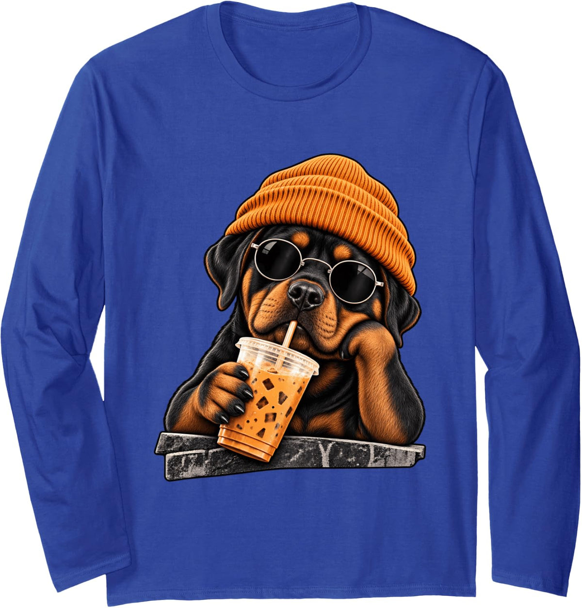 Funny Rottweiler Hipster Drinking Iced Coffee Sunglasses Long Sleeve T-Shirt - Adult Unisex Royal Blue