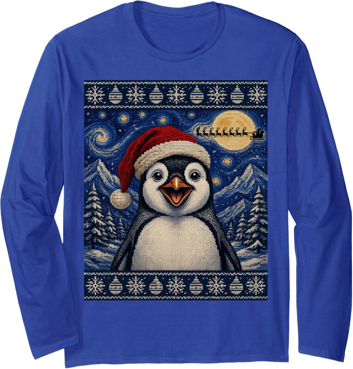 Penguin Bird Santa Ugly Christmas Long Sleeve T-Shirt - Adult Unisex Royal Blue
