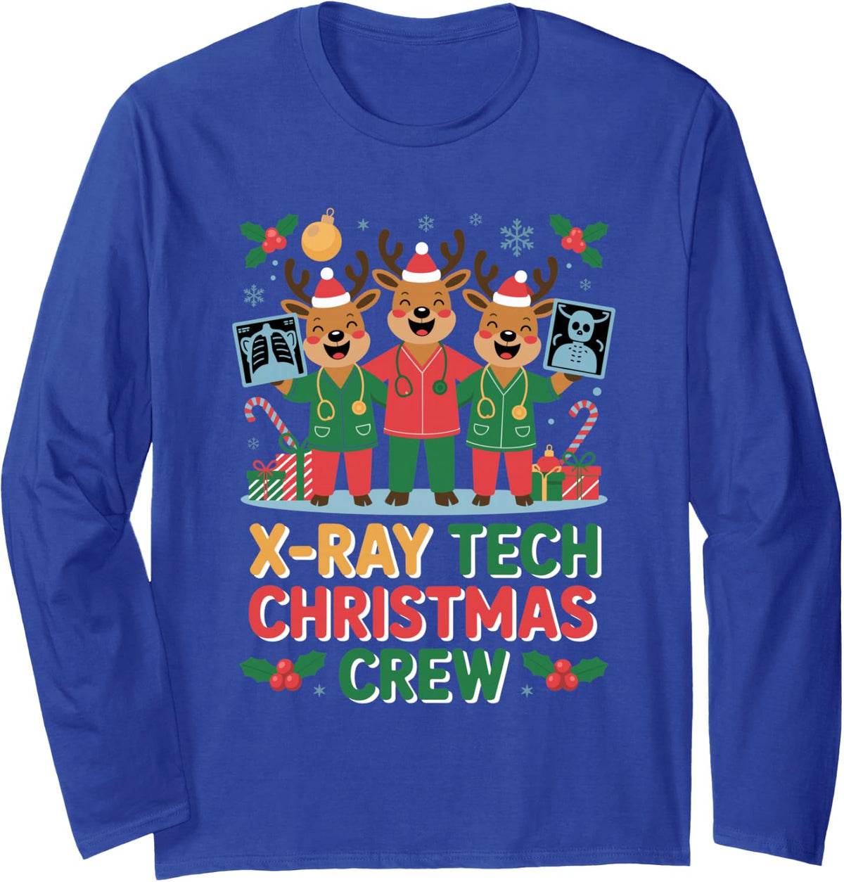 Cute Funny X-ray Tech Reindeer Xmas Radiology Christmas Long Sleeve T-Shirt - Adult Unisex Royal Blue