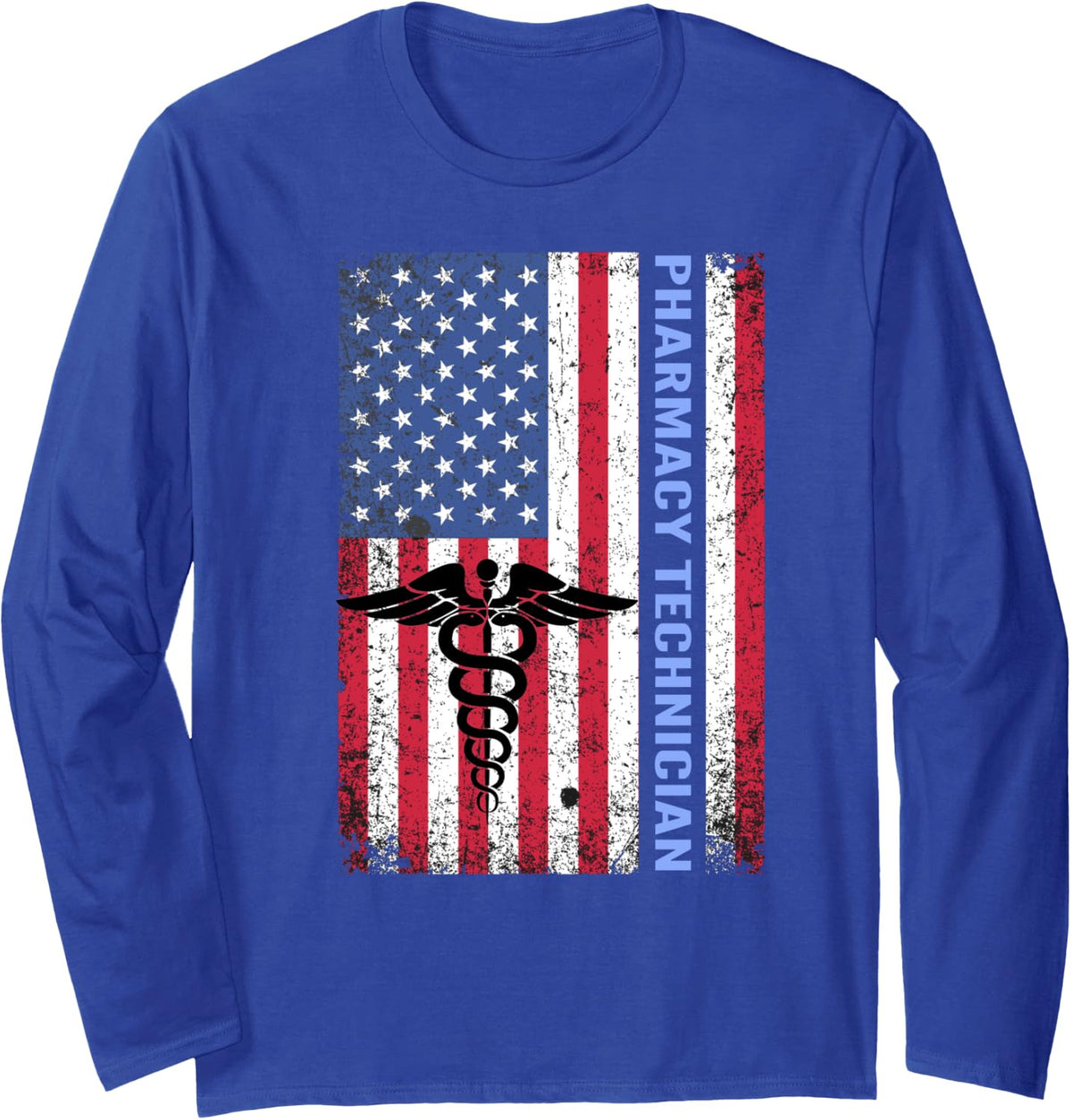 Pharmacy Technician Vintage US Flag Pharm Tech Prescription Long Sleeve T-Shirt - Adult Unisex Royal Blue