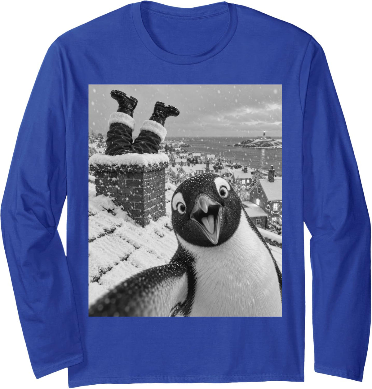 Penguin Selfie Santa Chimney Funny Christmas Winter Holiday Long Sleeve T-Shirt - Adult Unisex Royal Blue
