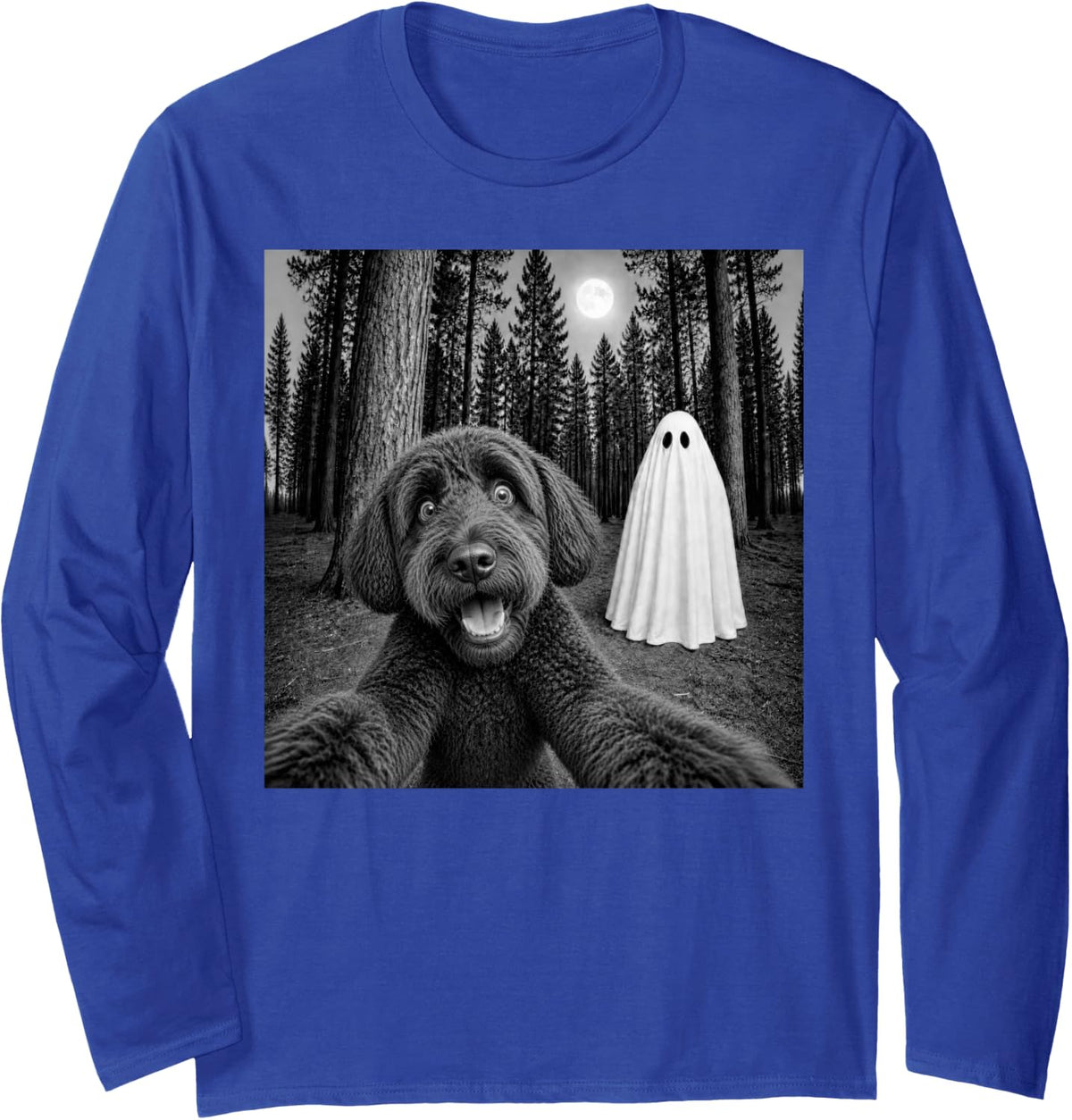 Spooky Black Labradoodle Selfie with Ghost Halloween Dog Long Sleeve T-Shirt - Adult Unisex Royal Blue