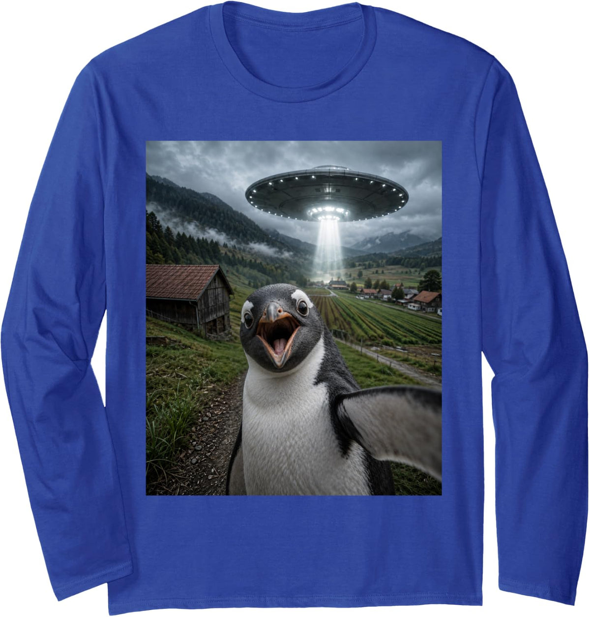 Penguin Selfie with Alien UFO Funny Meme Long Sleeve T-Shirt - Adult Unisex Royal Blue
