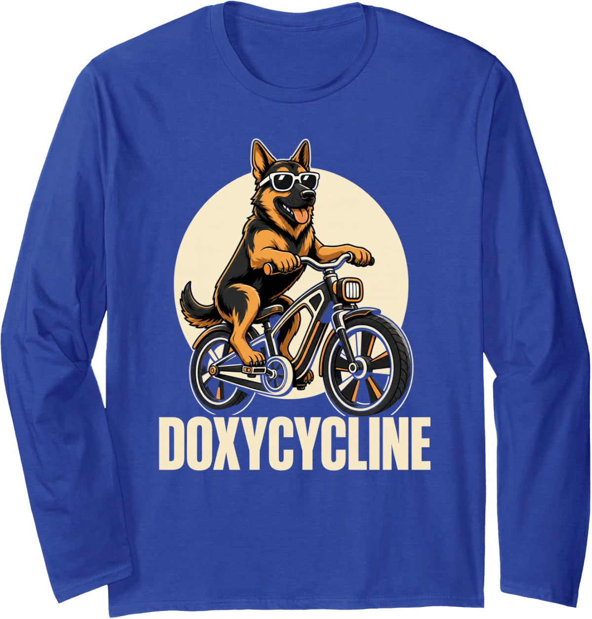 Doxycycline German Shepherd Riding Bicycle Pharmacist Long Sleeve T-Shirt - Adult Unisex Royal Blue