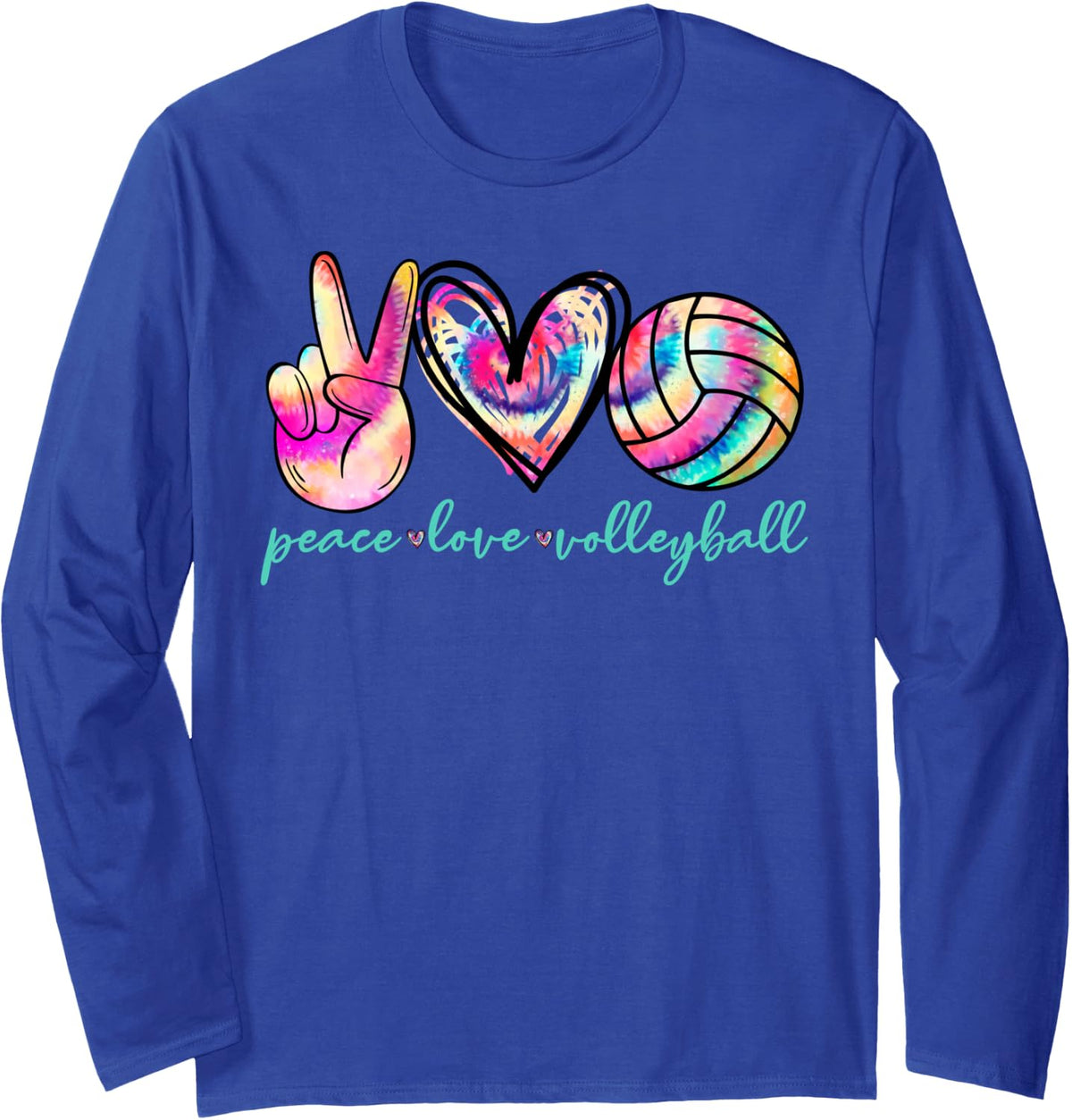 Peace Love Volleyball Player Tie Dye Style Women Teen Girls Long Sleeve T-Shirt - Adult Unisex Royal Blue