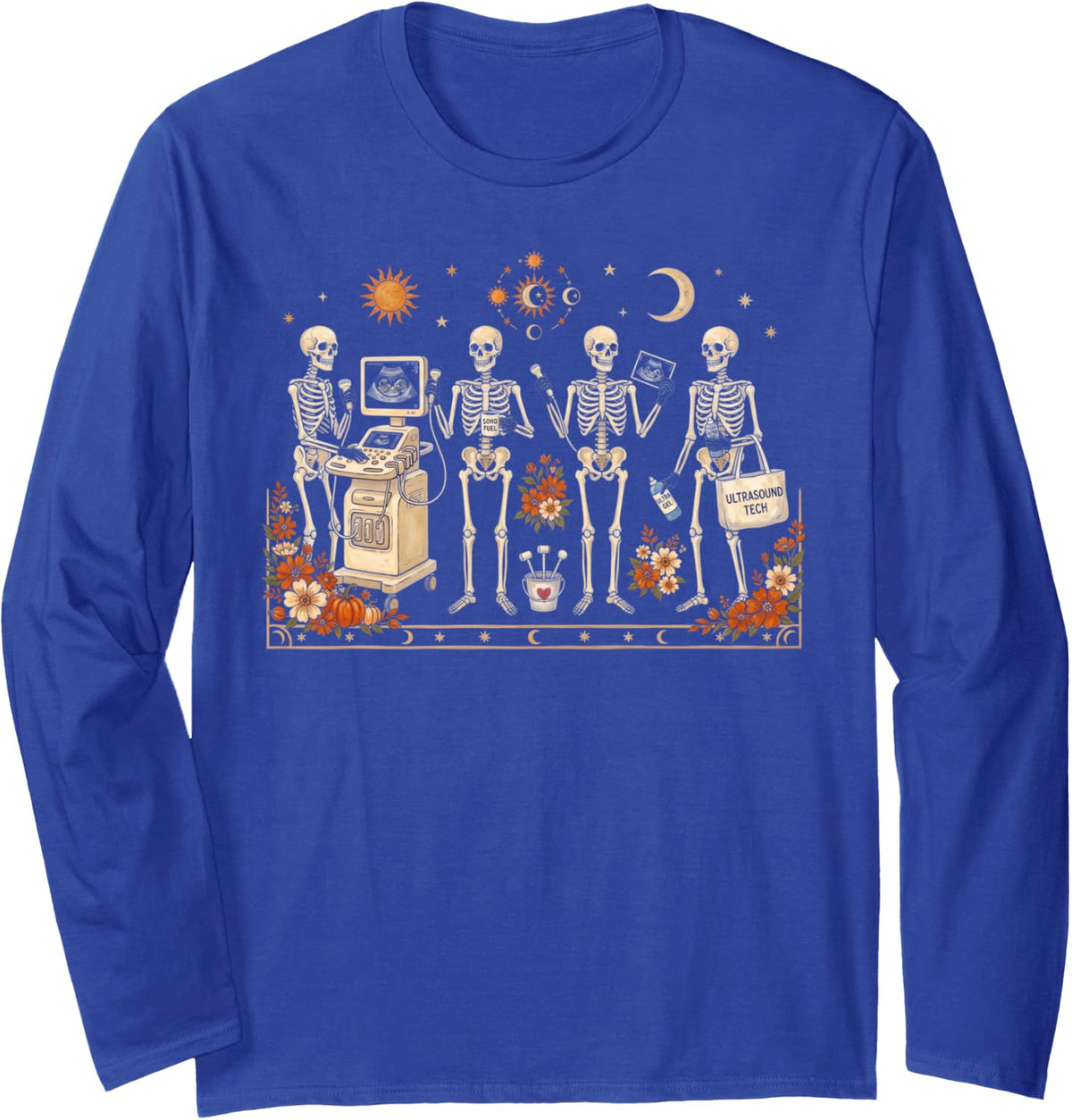 Wildflower Skeleton Sonographer Ultrasound Tech Halloween Long Sleeve T-Shirt - Adult Unisex Royal Blue