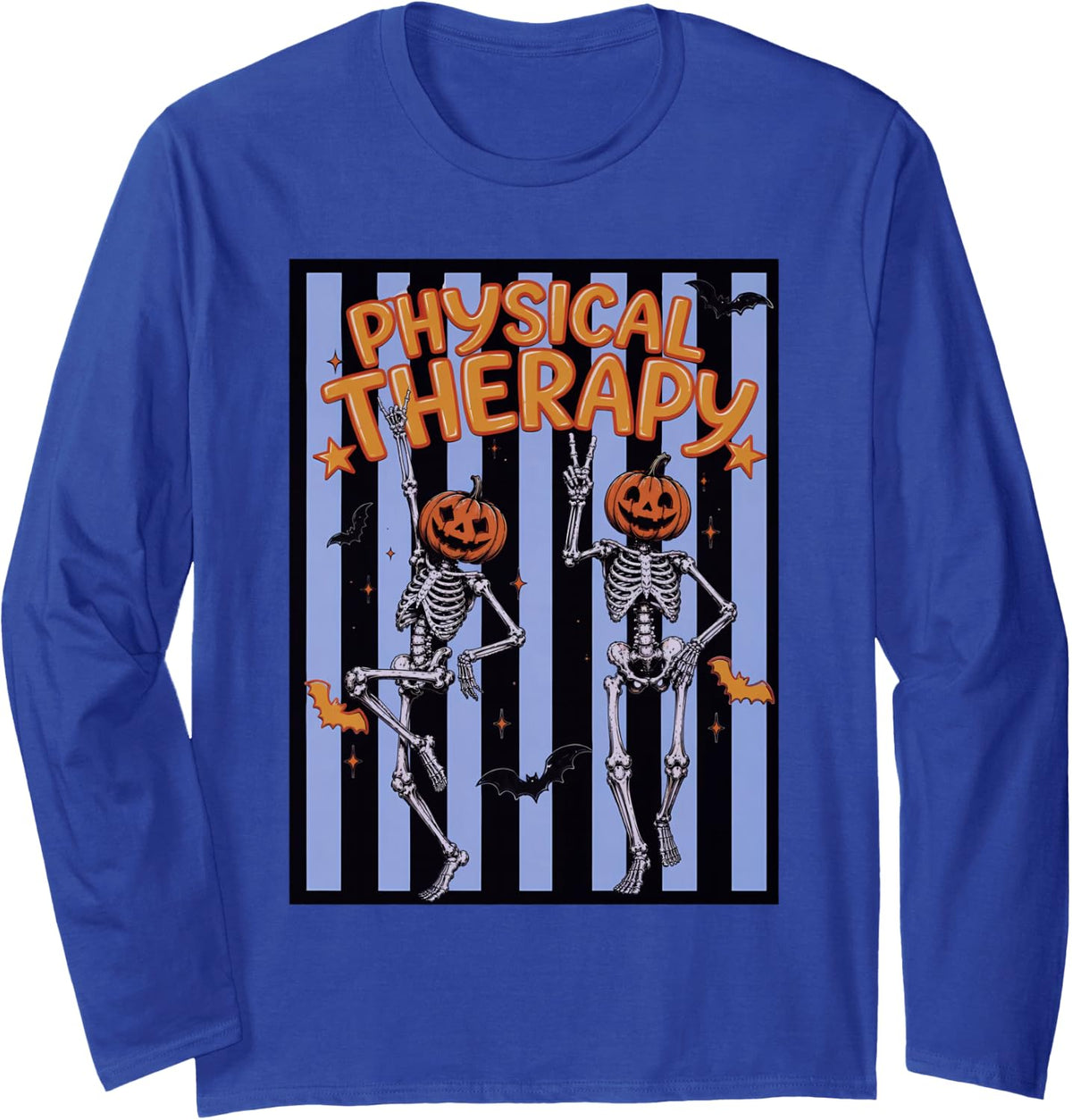 Stripes Physical Therapy Skeleton Dancing Halloween Rehab PT Long Sleeve T-Shirt - Adult Unisex Royal Blue