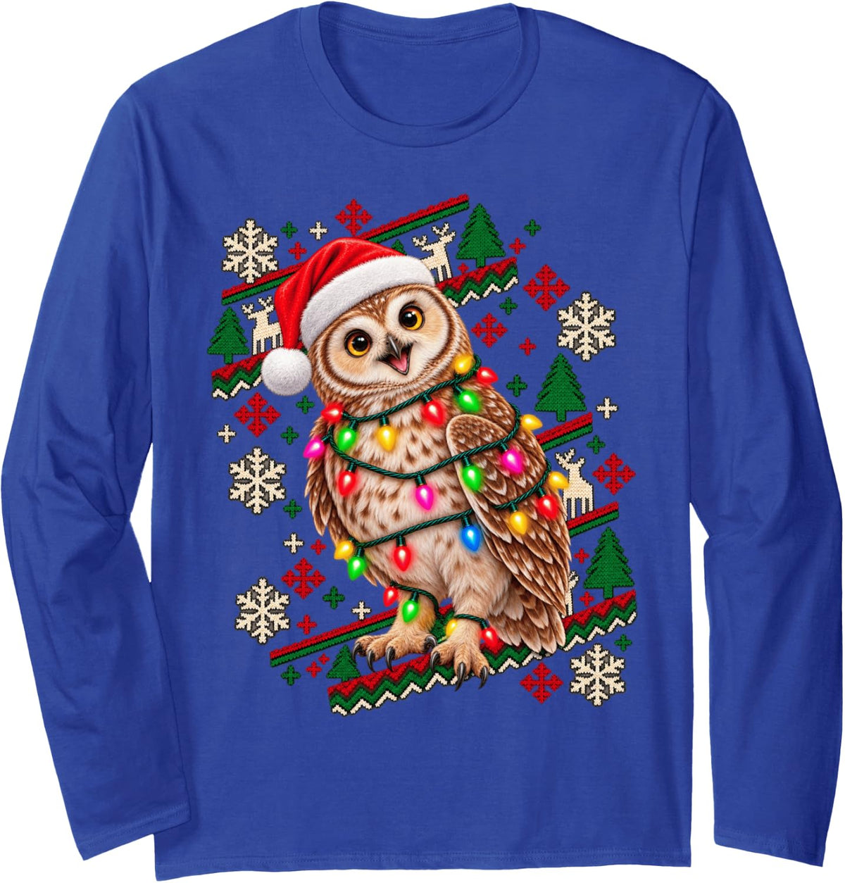 Christmas Lights Owl Happy Holiday Design Long Sleeve T-Shirt - Adult Unisex Royal Blue