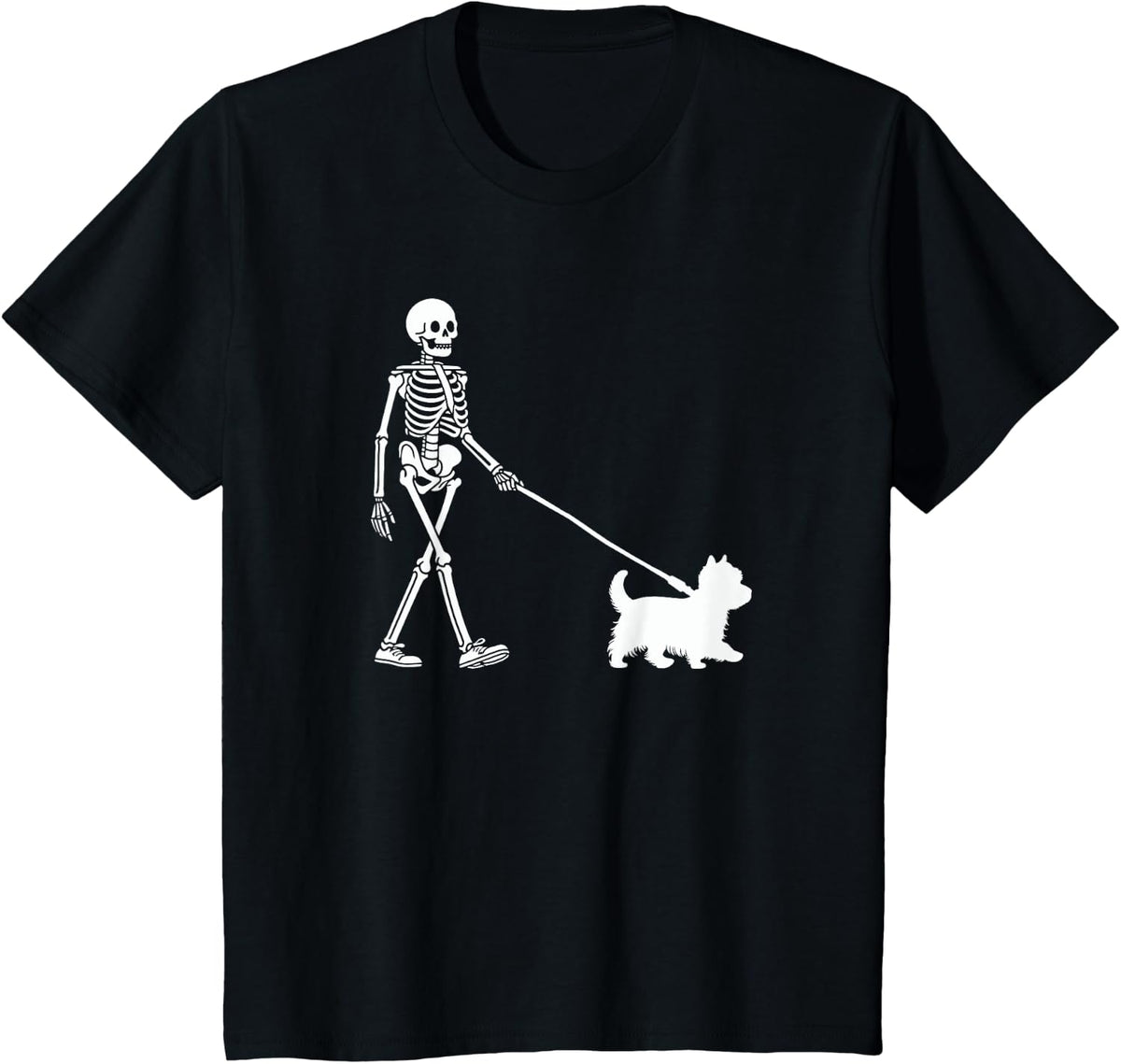 Skeleton Walking a Dog Westie Halloween Outfit T-Shirt for Men Women Kids - Black