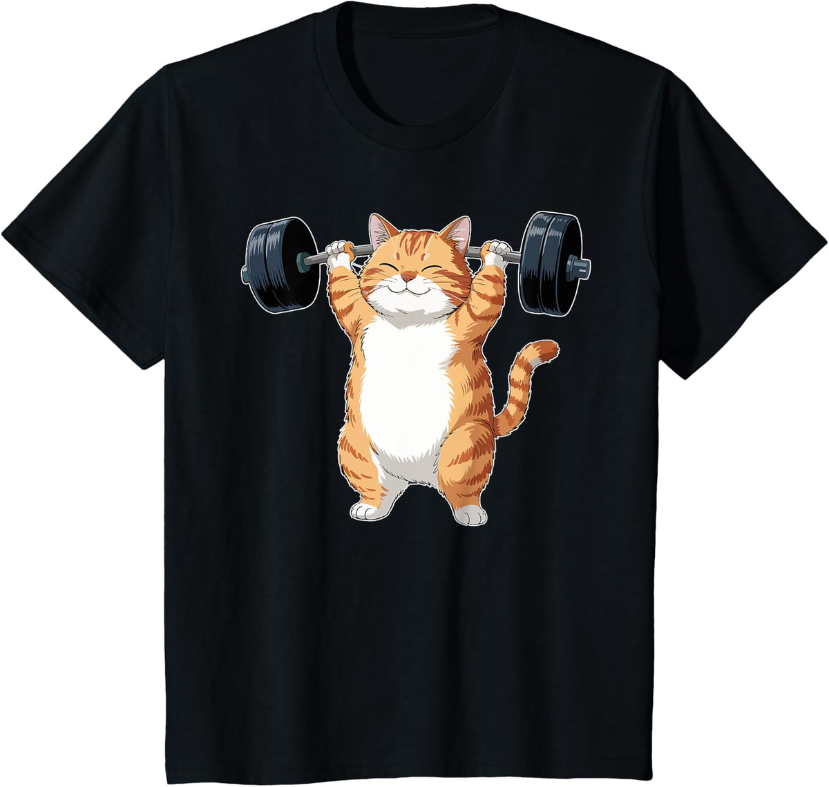 Cute Gym Cat Lifting Weights Funny Workout Graphic T-Shirt for Men Women Kids - Black