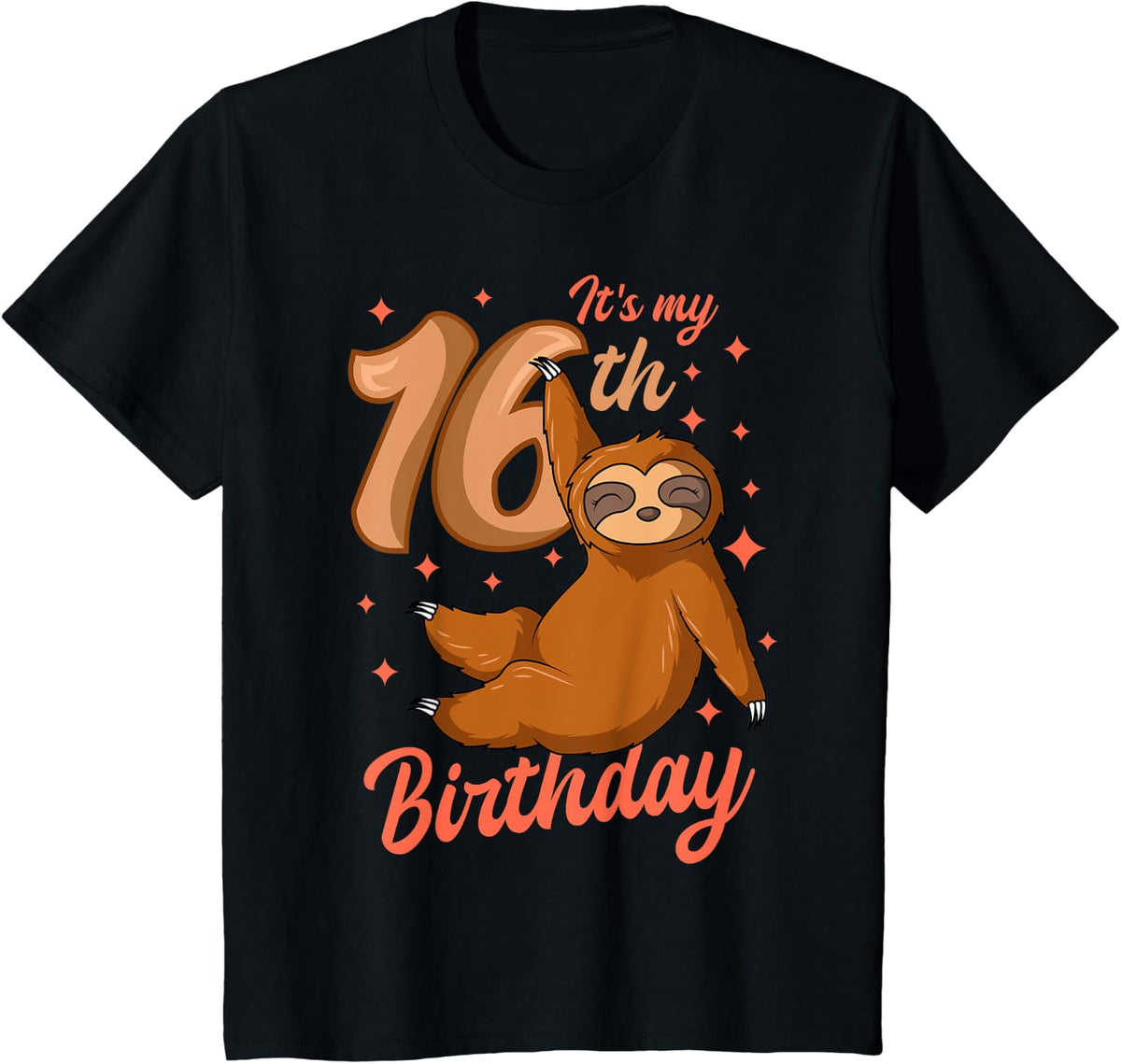 It's My 16th Birthday Sloth Theme Party Celebration 16 T-Shirt - Black