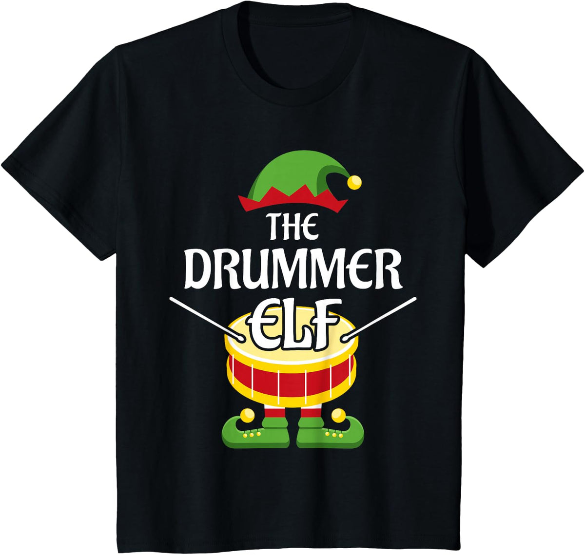 Drummer Elf Family Matching Group Christmas Drum T-Shirt - Black