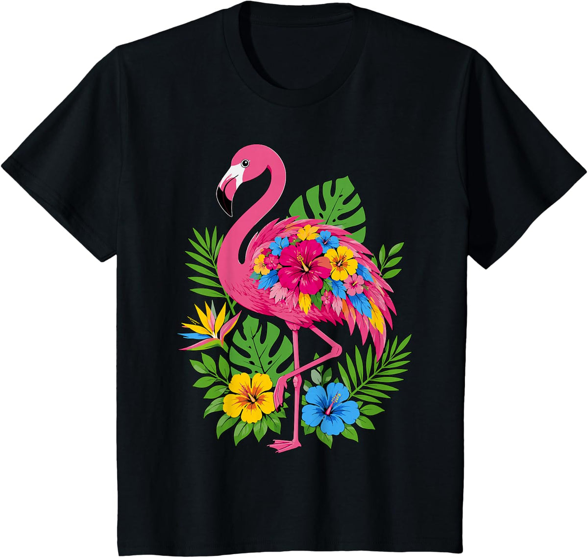 Tropical Flamingo with Colorful Flowers T-Shirt - Black