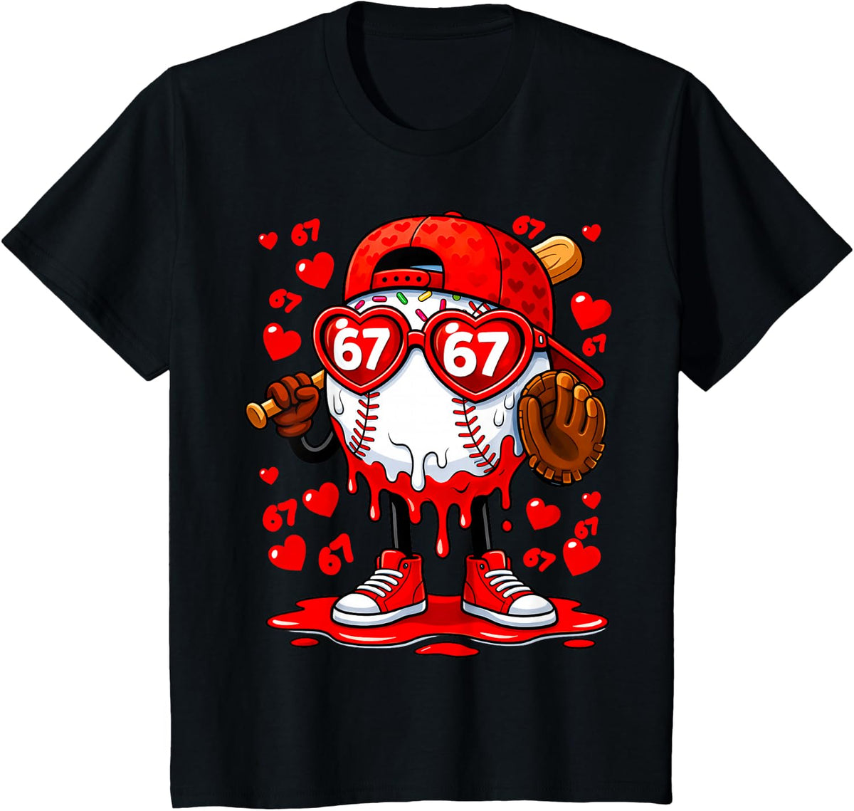 Funny 67 Baseball Drip Valentine's Day T-Shirt - Black