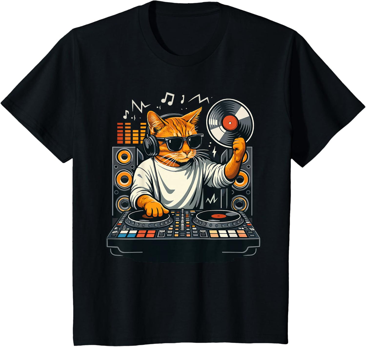 DJ Cat Turntable Vinyl Record Graphic T-Shirt - Black