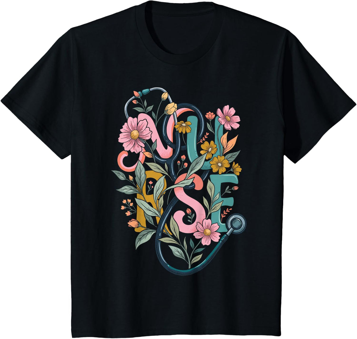 Nurse Letters Stethoscope Blossoms Foliage Shift Accent T-Shirt - Black