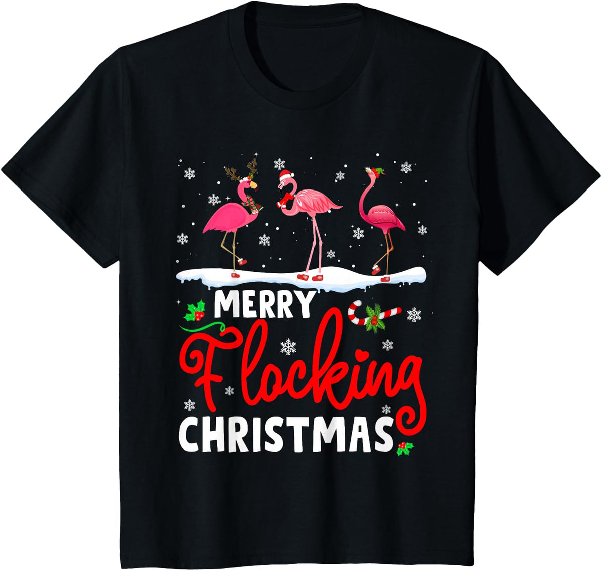 Merry Flocking Christmas Reindeer Santa ELF Flamingo Xmas T-Shirt - Black