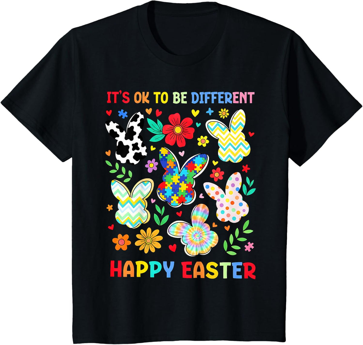 Happy Easter Autism Awareness Puzzle Bunny Spring Easter Day T-Shirt - Black