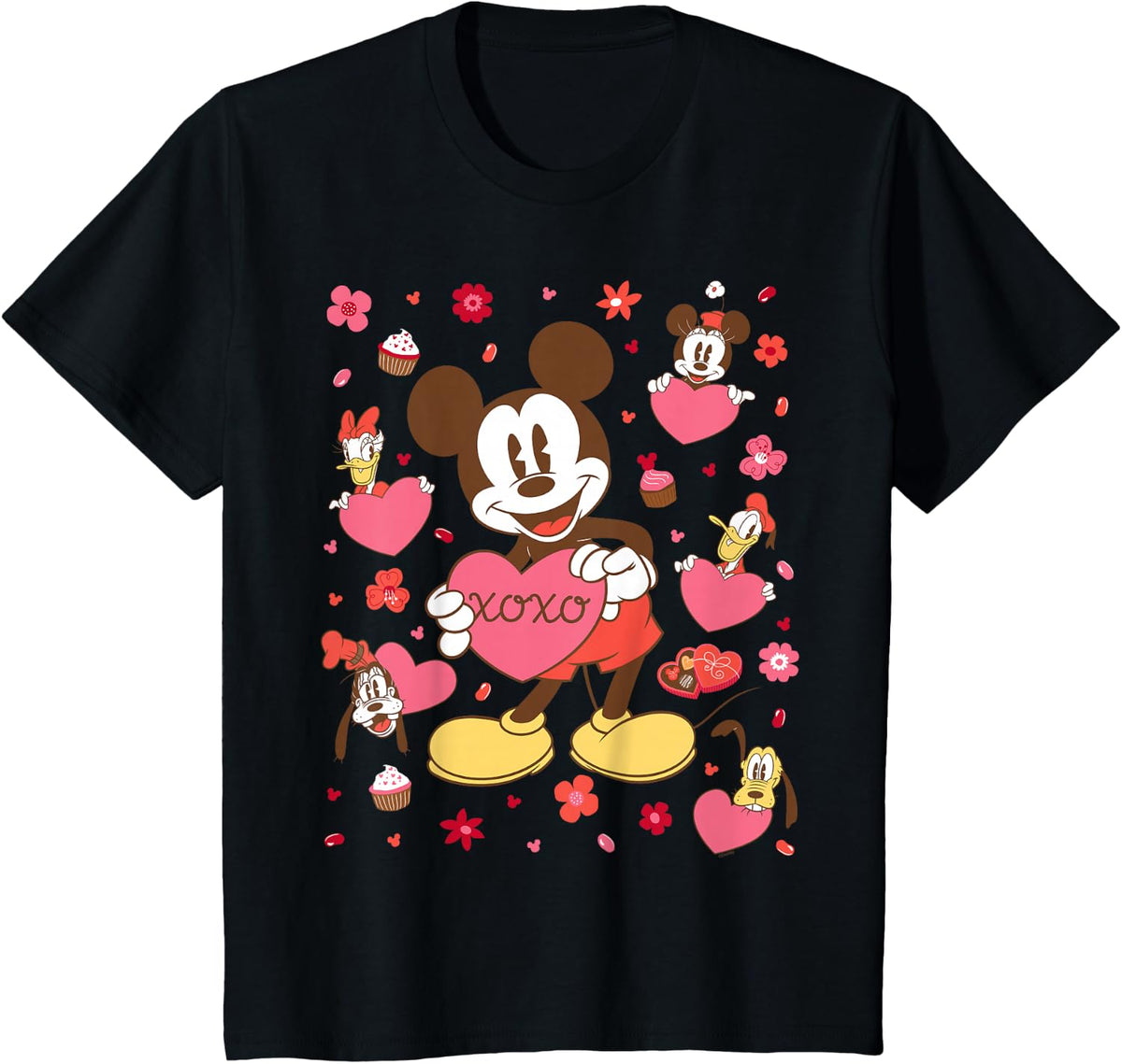 Disney Mickey Mouse & Friends Valentine's Day Retro Hearts T-Shirt - Black