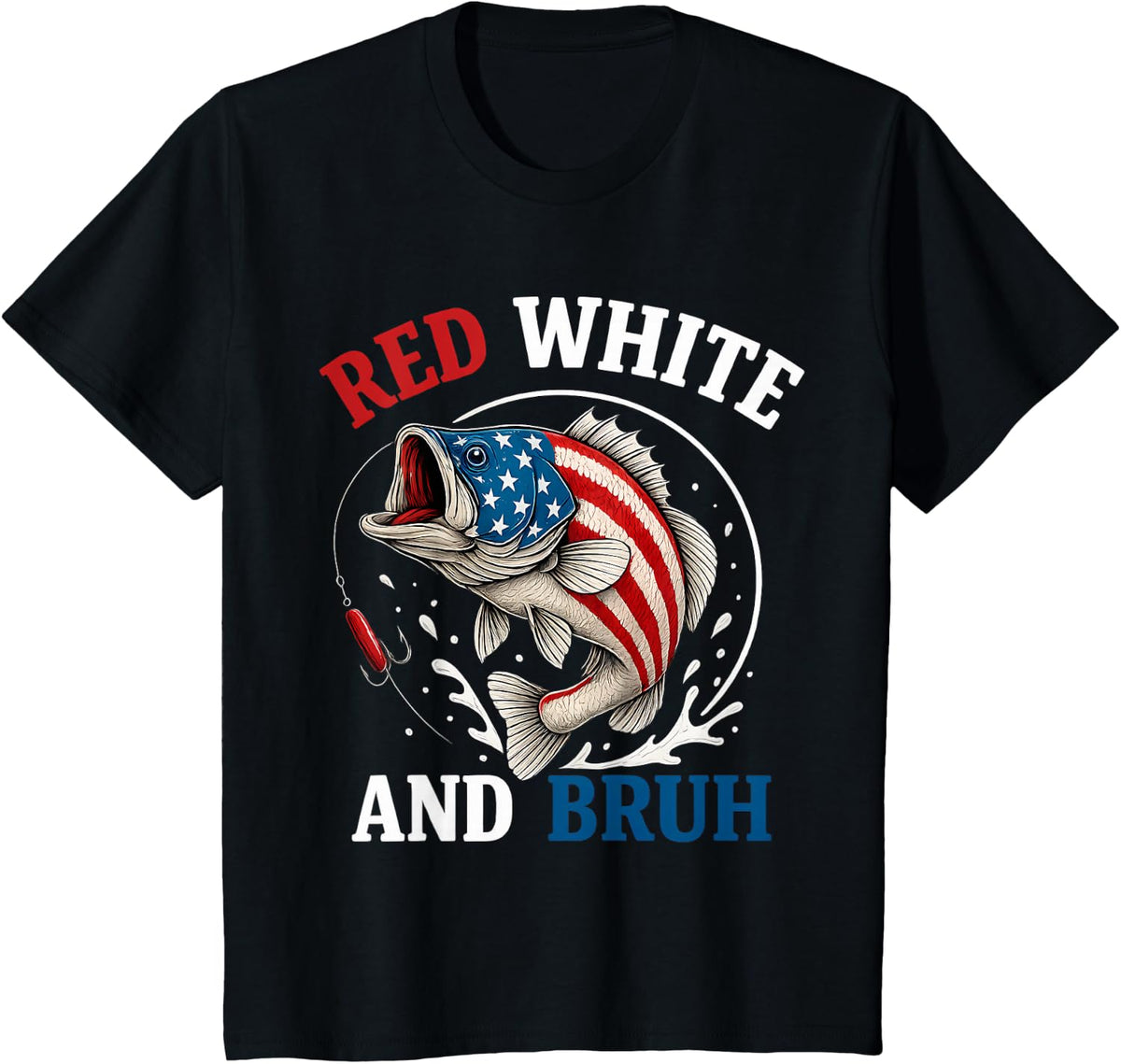 Boys Fishing Red White and Bruh American Flag Fishing Kids T-Shirt - Black