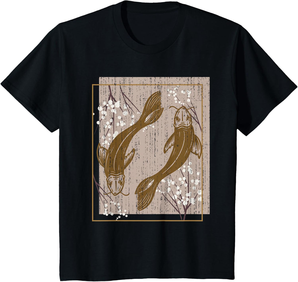 Vintage Cherry Blossom Japanese Taisho Sanke Koi Carp T-Shirt - Black