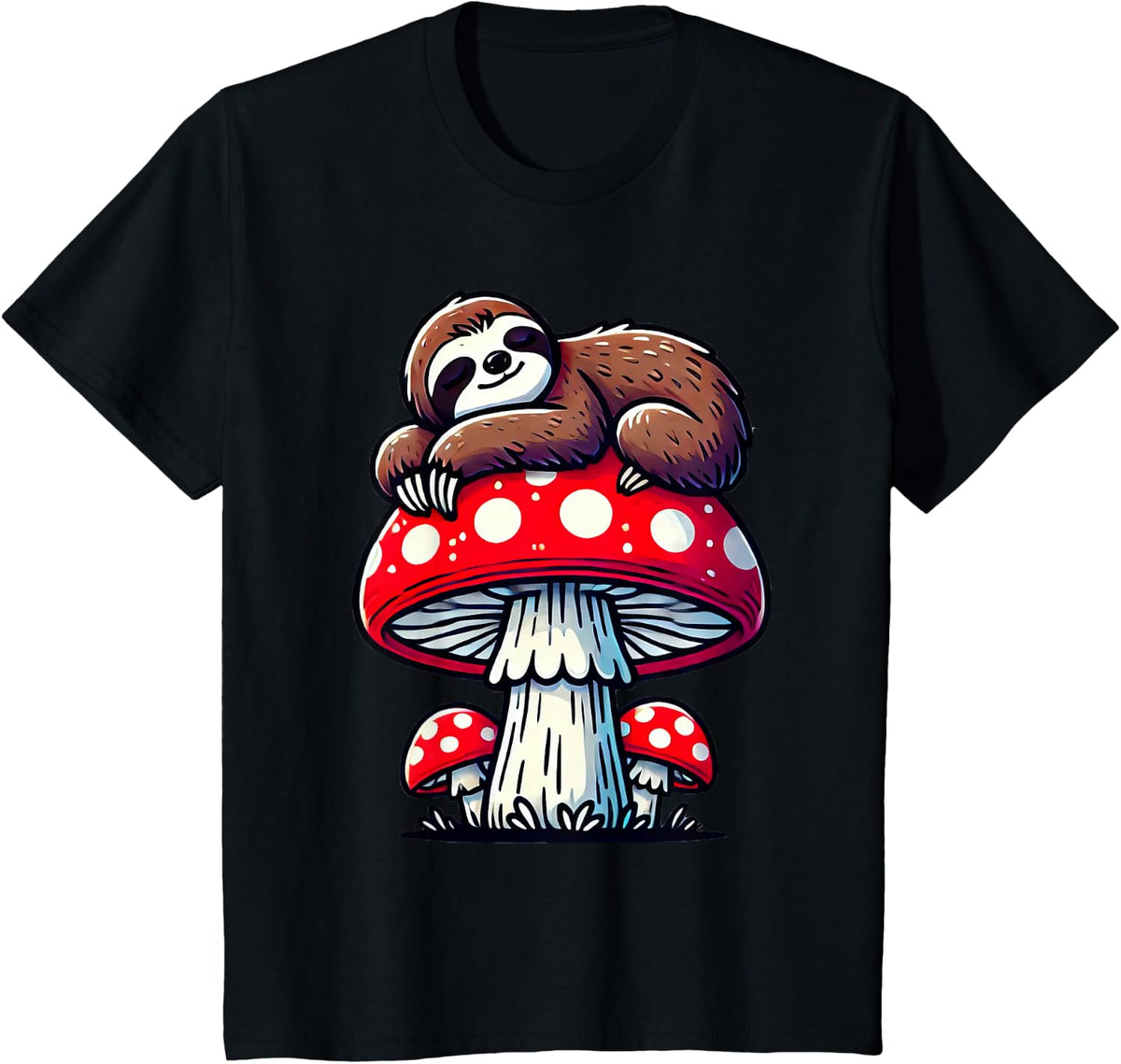 Cute Sloth Sleeping On A Mushroom T-Shirt - Black