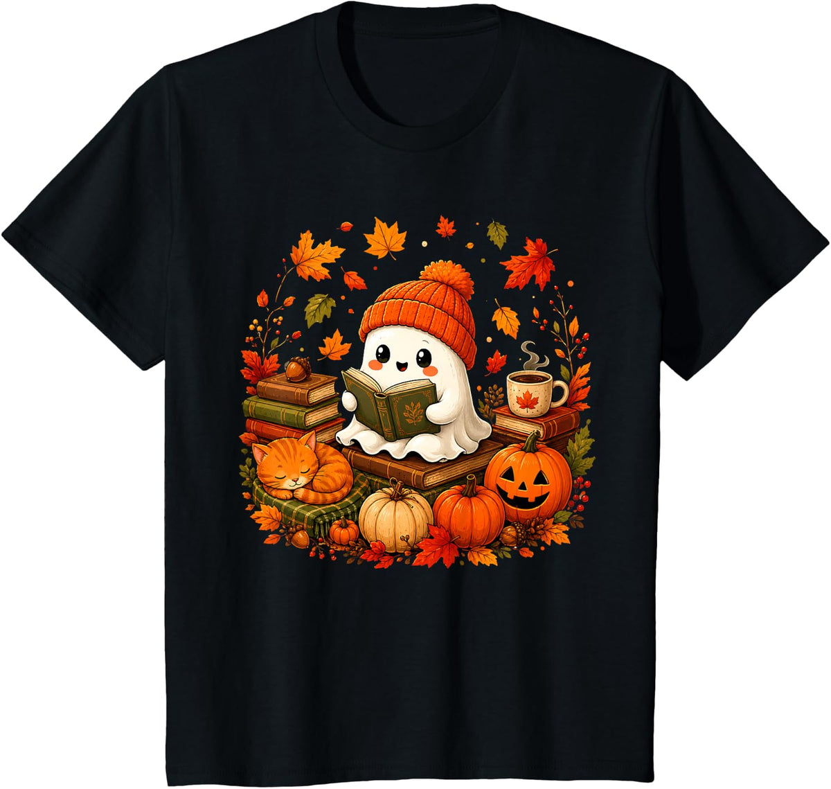 Ghost Reading Book Lovers Coffee Autumn Fall Cat Halloween T-Shirt - Black