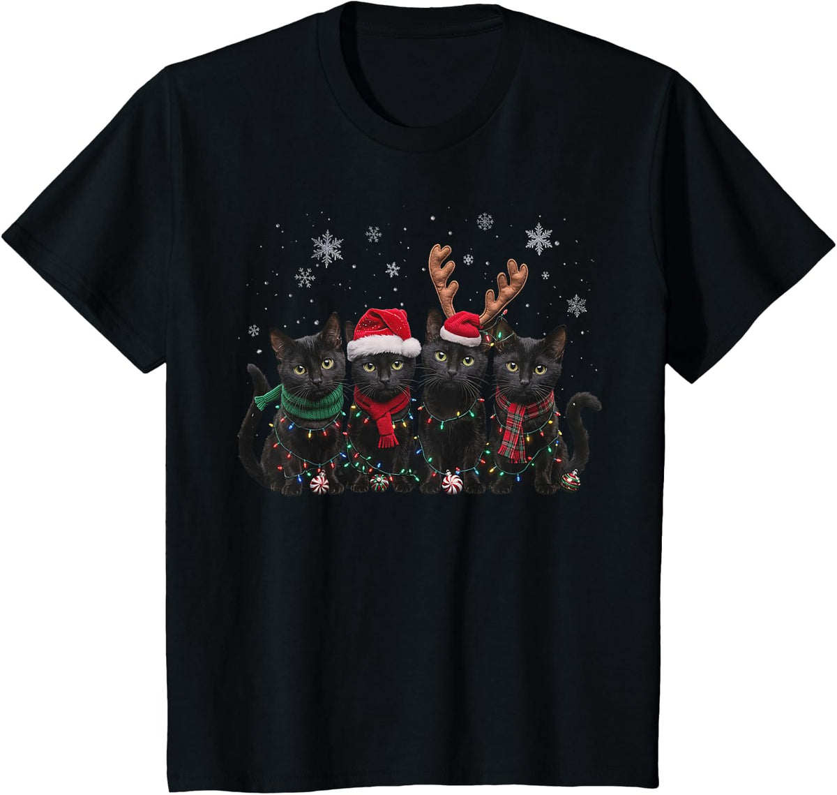 Christmas Lights Black Cat Xmas Funny Cat Santa Hat Men Kids T-Shirt - Black