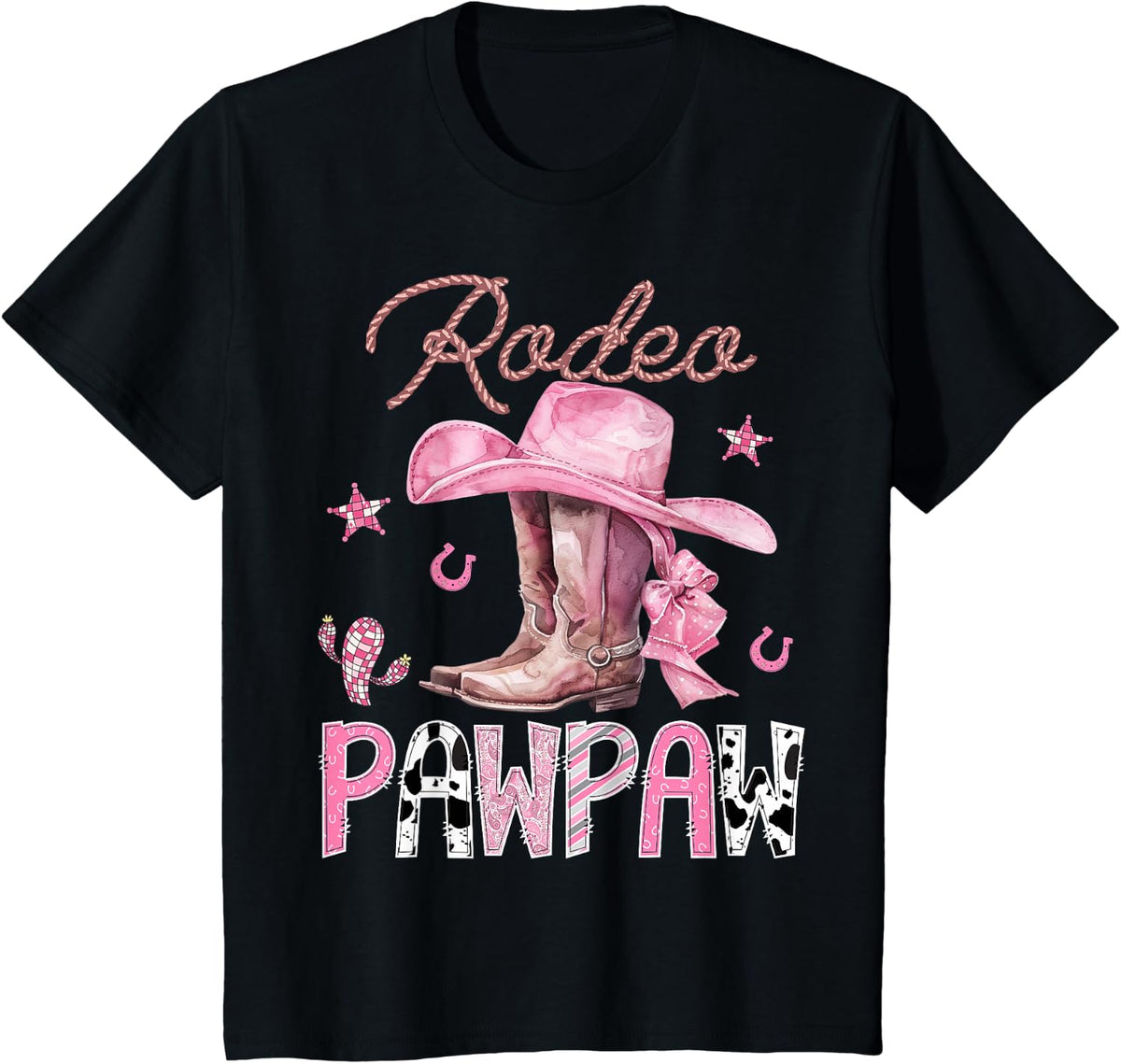 Rodeo Pawpaw Pink Boots Coquette Cowgirl Birthday Party T-Shirt Tee - Black