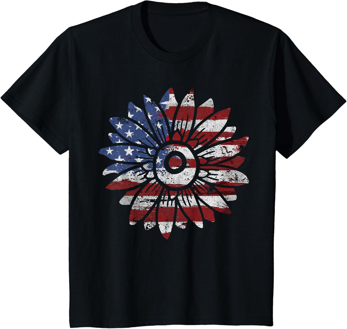 USA Flag American Sunflower 4th of July Women Kids Men T-Shirt - Black