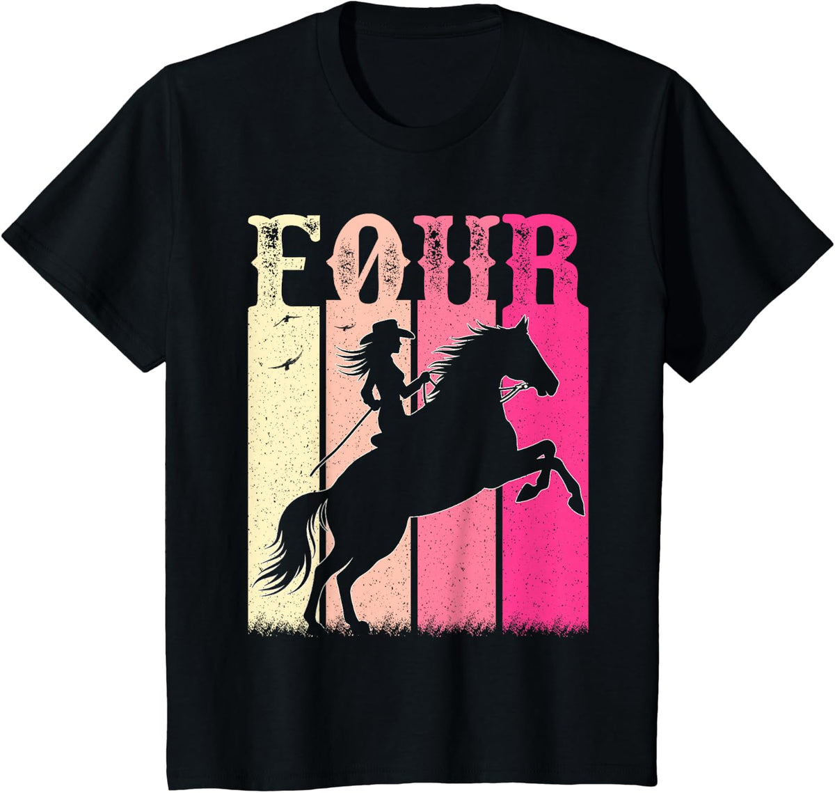 4th Birthday Cowgirl Girls 4 Year Old Rodeo Horse Vintage T-Shirt - Black