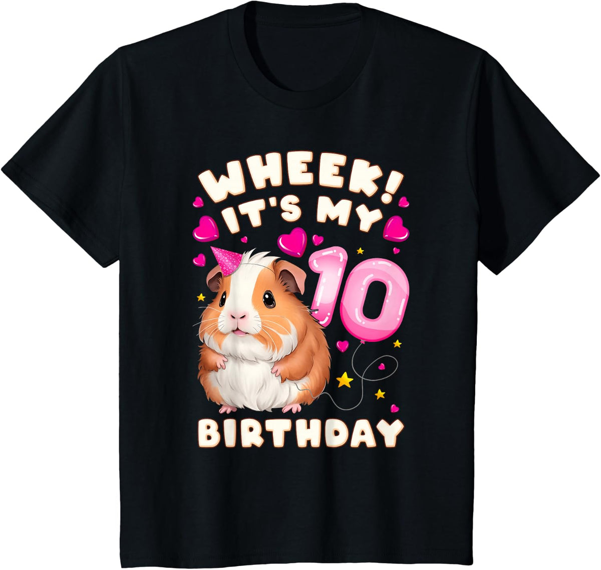 10th Birthday Girl 10 Years, Guinea Pig and Big Number 10 T-Shirt - Black