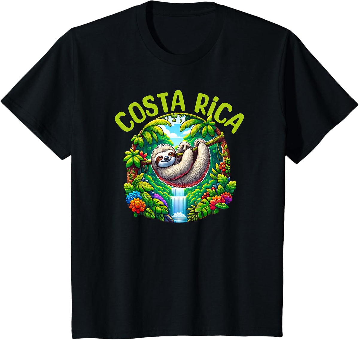 Costa Rica Sloth - Tropical Rainforest Waterfall Travel Fun T-Shirt - Black