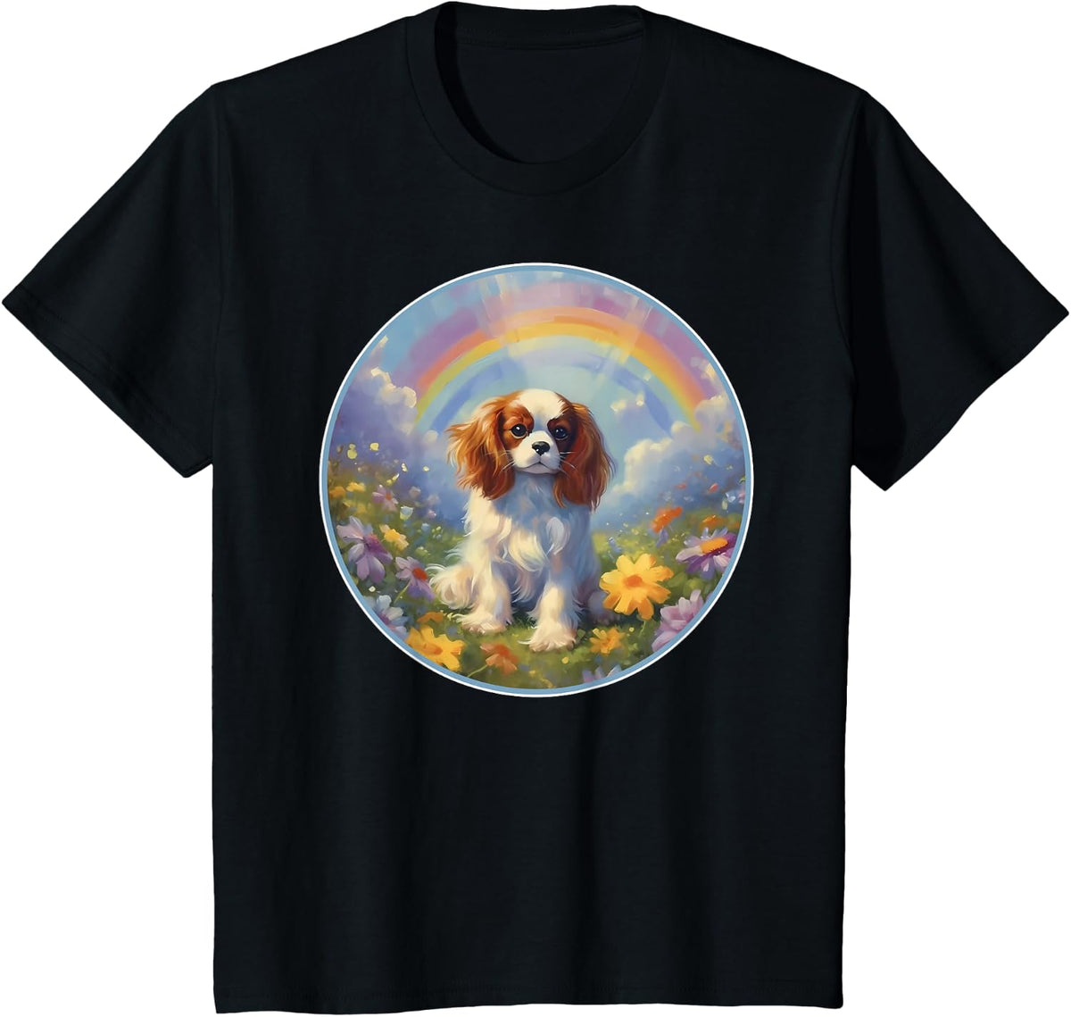 Cavalier King Charles Rainbow Bridge Colorful Memorial T-Shirt - Black