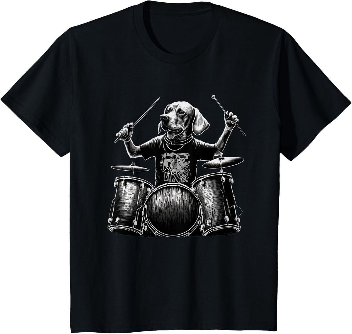 Funny Dog Playing Drums Rock Band Drummer Drumming Dog Lover T-Shirt - Black