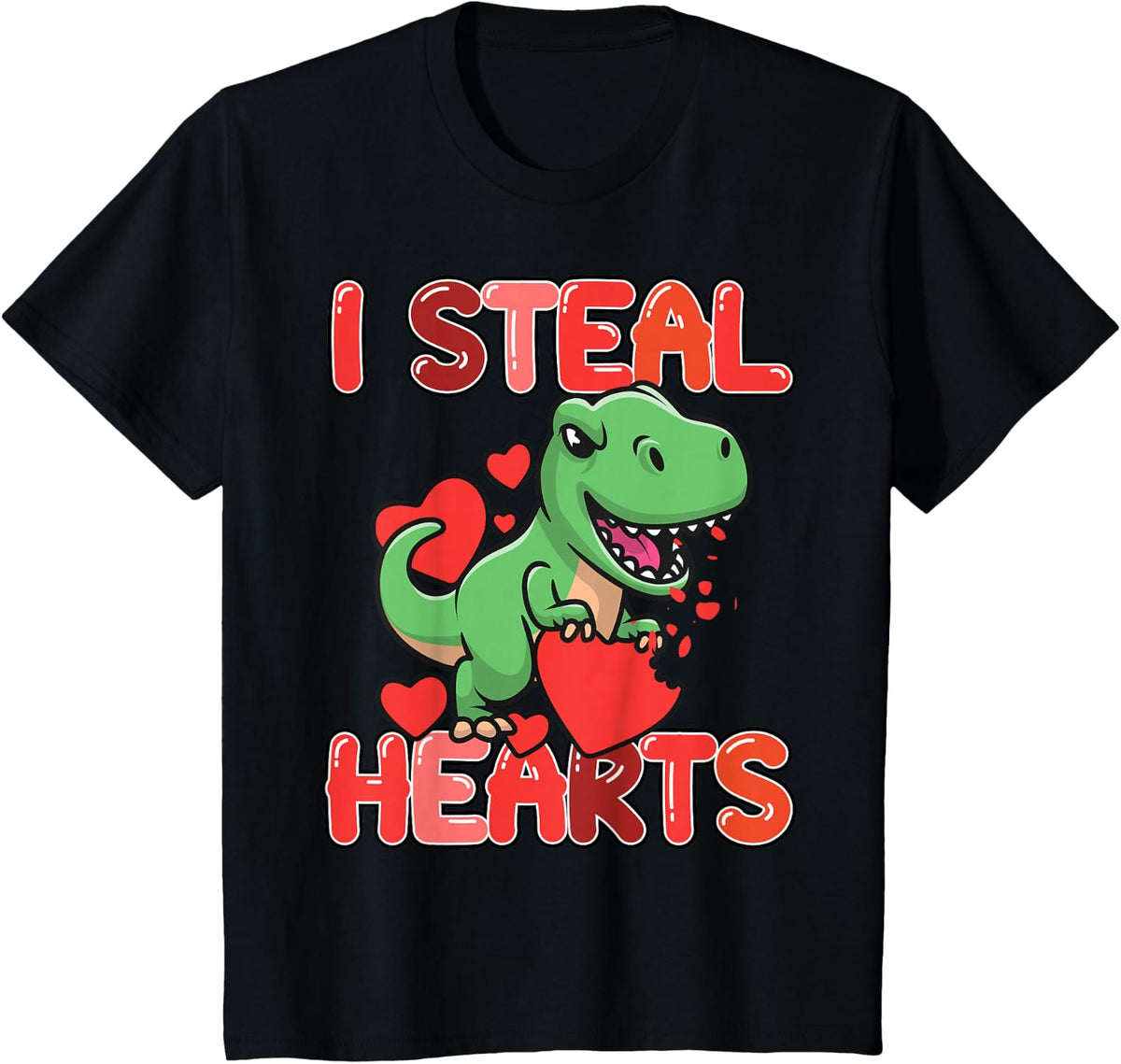 Kids I Steal Hearts Trex Dino Toddler Boy Valentines Day Outfit T-Shirt - Black