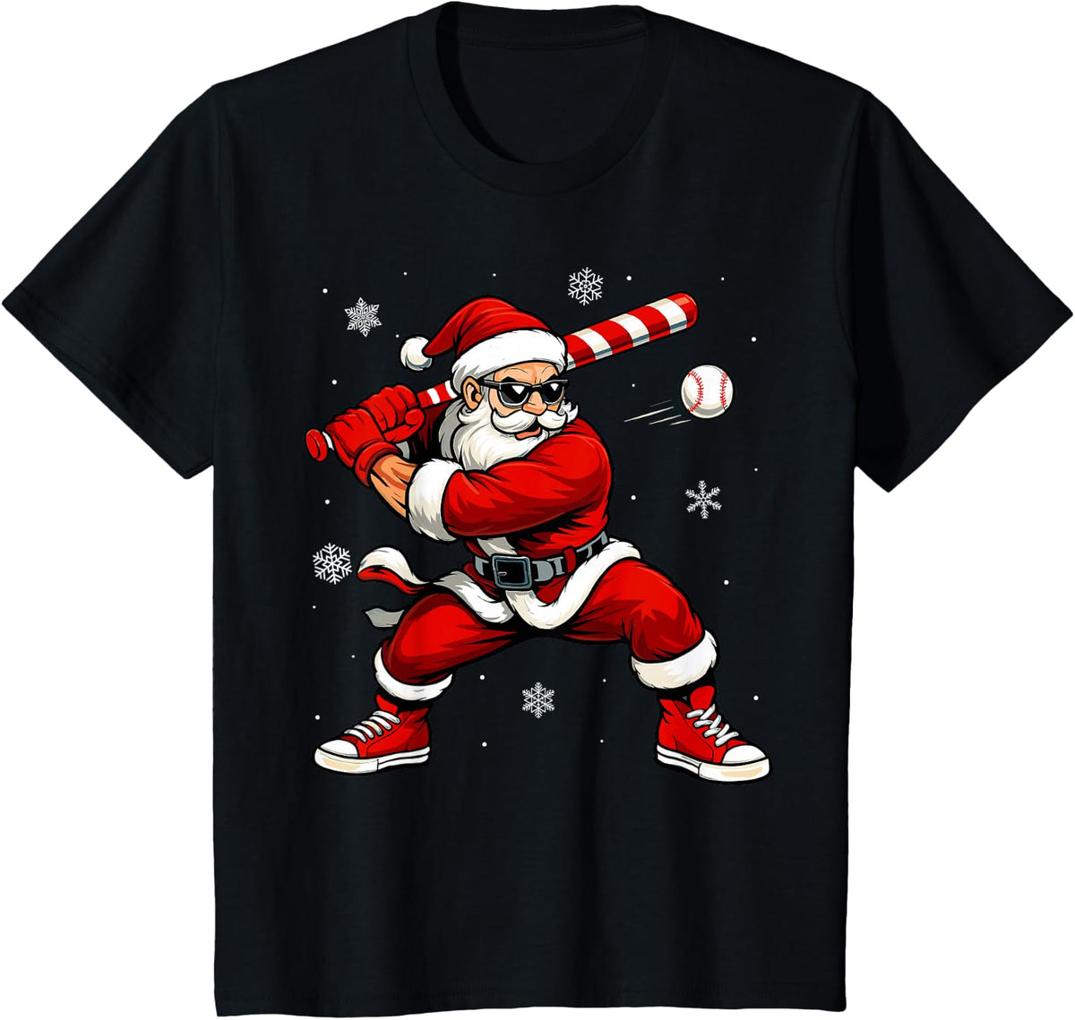 Santa Playing Baseball Xmas Funny Christmas Baseball Santa T-Shirt - Black