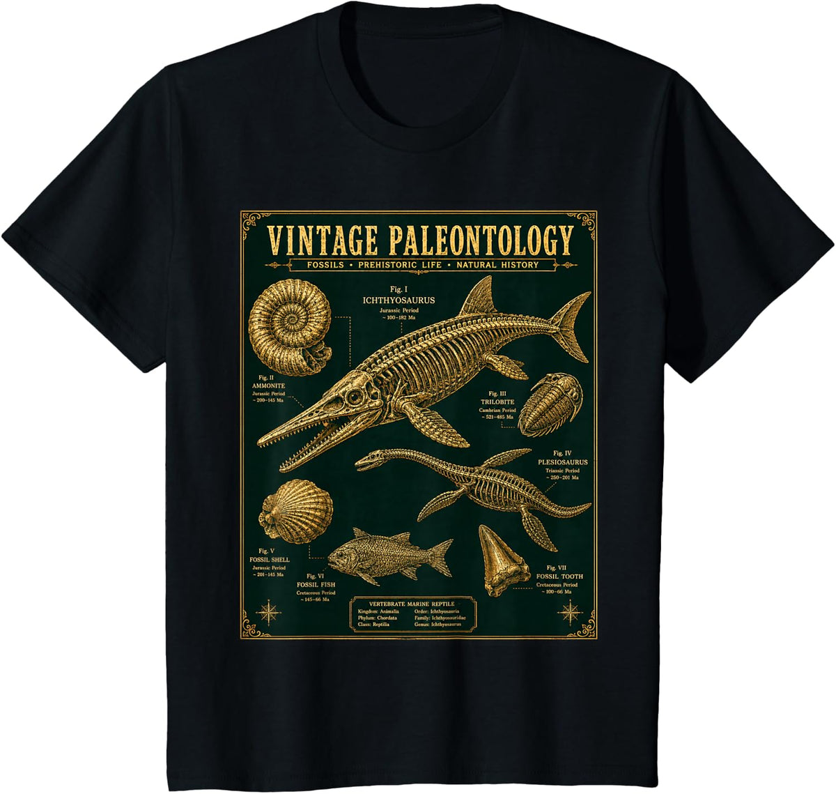 Vintage Paleontology Fossil Prehistoric Life Natural History T-Shirt - Black