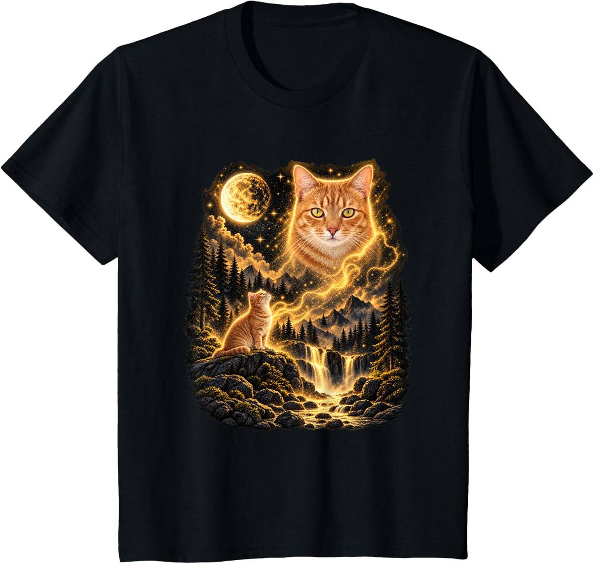 Mystical Orange Tabby Cat Moonlight Moon Night Sky Waterfall T-Shirt - Black