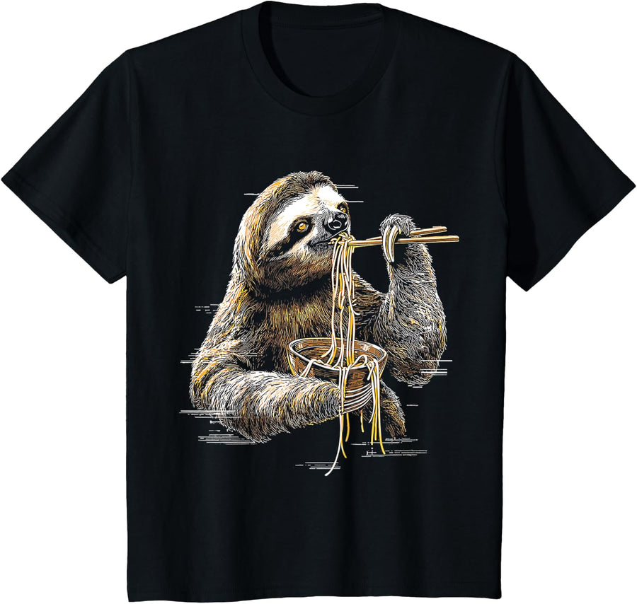 Sloth Eats Noodles Portrait Animal Motif Illustration Sloth T-Shirt - Black