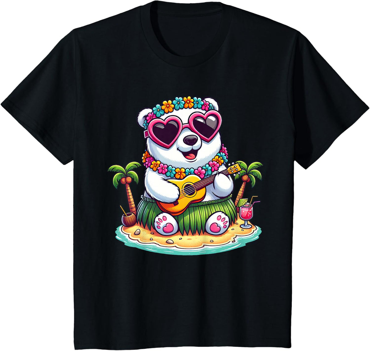 Polar Bear Hawaiian Costume Kids Summer Vacation Polar Bear T-Shirt - Black