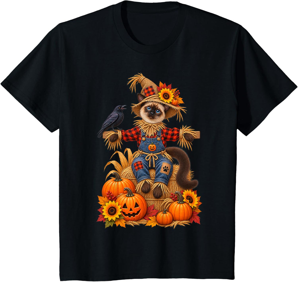 Siamese Cat Dressed Scarecrow Sunflowers Crow Raven Pumpkin T-Shirt - Black