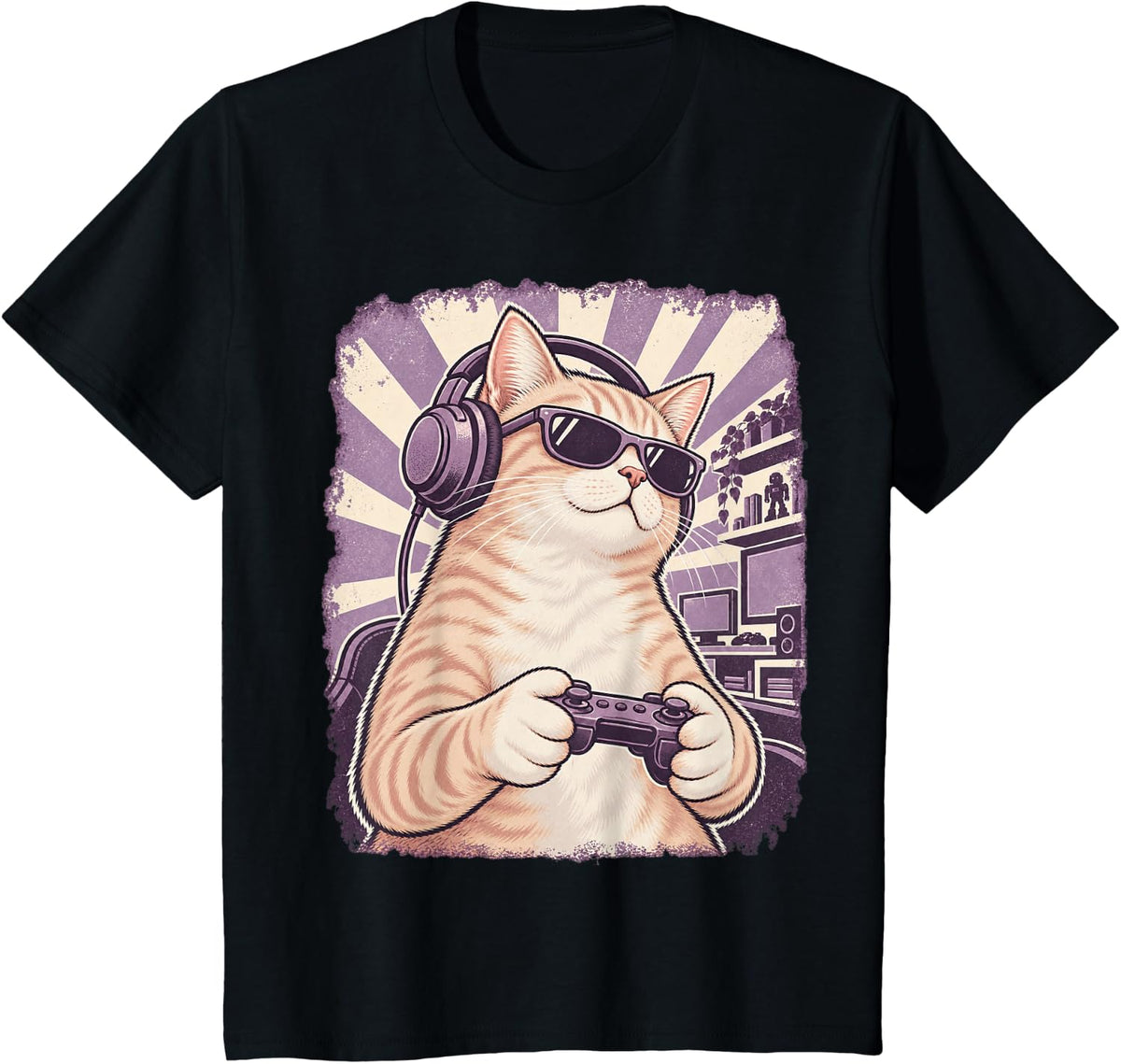 Cream Tabby Cat Gamer Retro Headphones Illustration T-Shirt - Black